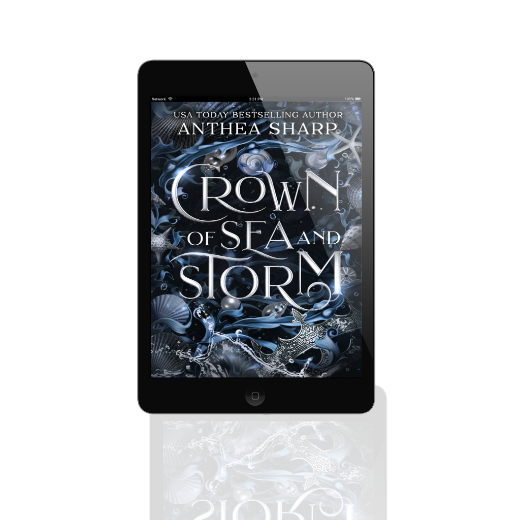 E-reader displaying the cover of 'Crown of Sea and Storm' by Anthea Sharp on a white background.