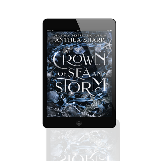 E-reader displaying the cover of 'Crown of Sea and Storm' by Anthea Sharp on a white background.