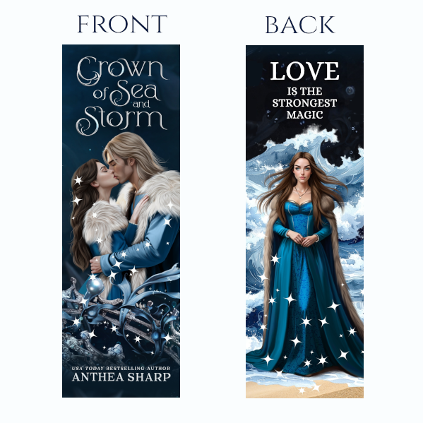 Bookmark - two sided, with two different views. One of a couple in a stormy sea and the other a woman in a blue dress with stars.